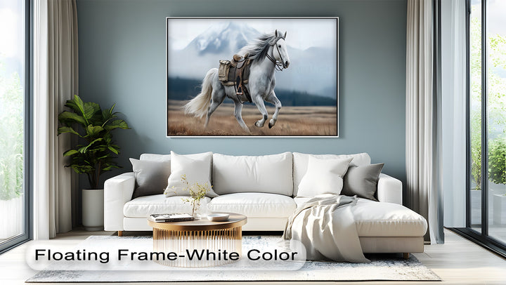 Gallop in the Mist – White Horse with Saddle Canvas Print