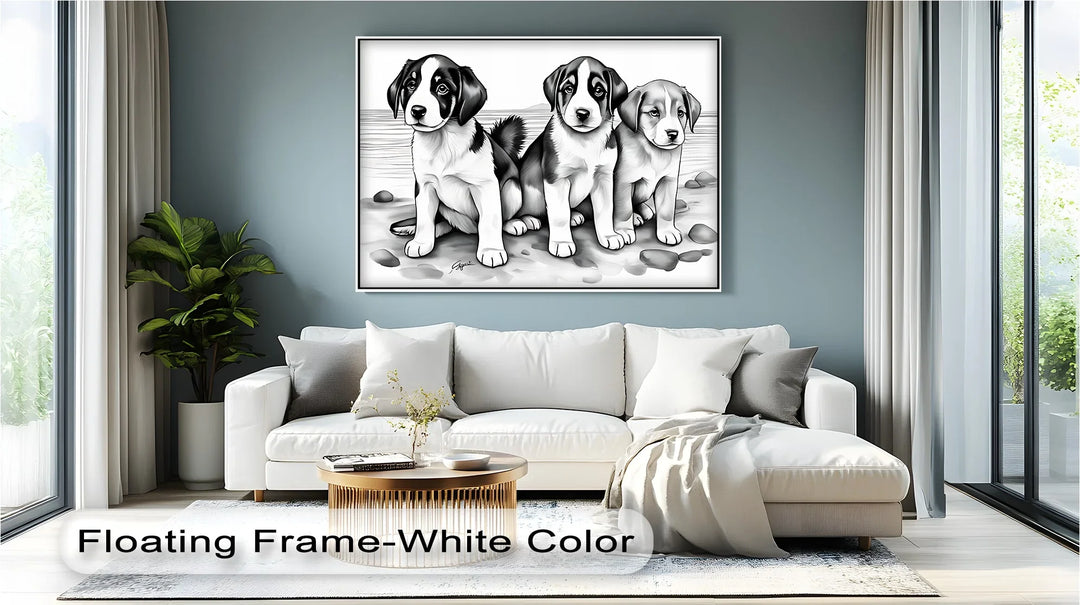 Seaside Trio – Monochrome Puppy Portrait at the Shore Canvas Print - MyPhotoStation