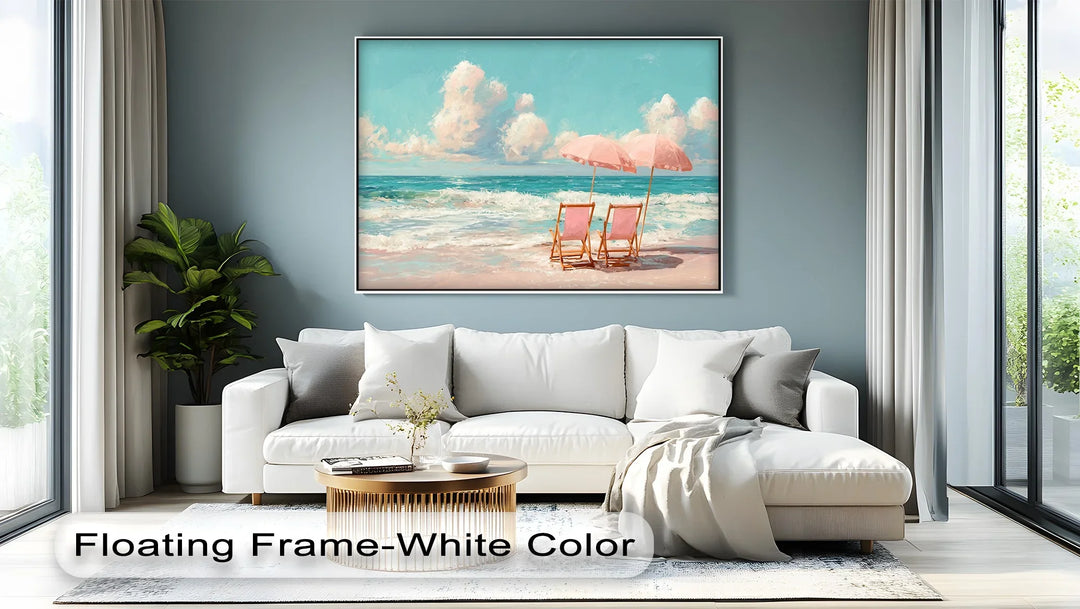 Serene Beach Escape with Pink Umbrellas – Seaside Canvas Print - MyPhotoStation
