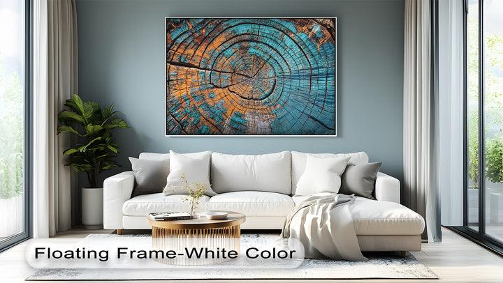 High color contrast accentuates the swirling turquoise and bronze hues of the tree ring pattern on this premium canvas decor wall art print.