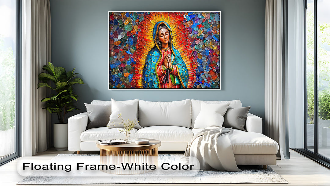 Showcasing realistic detail, this vibrant mosaic Our Lady of Guadalupe premium canvas decor features intricate textures and brilliant colors.