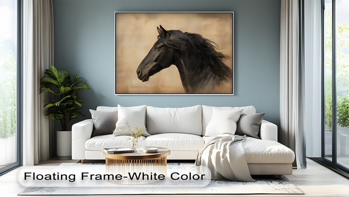 Silent Majesty – Black Horse Portrait on Warm Beige Canvas Print