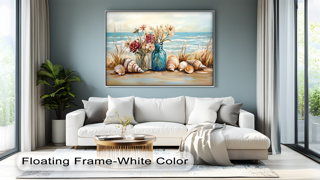 Seaside Serenity – Floral and Seashell Still Life Canvas Print