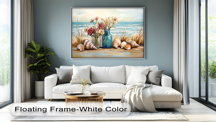 Seaside Serenity – Floral and Seashell Still Life Canvas Print