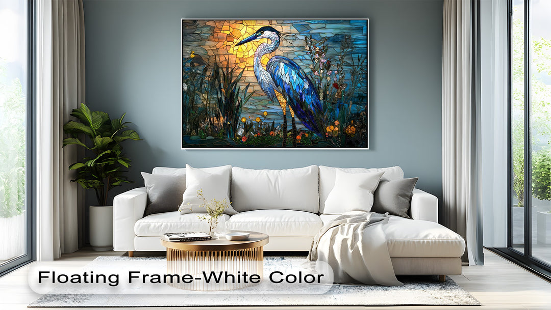 The visual rhythm of this Stained Glass Heron canvas print, with its mosaic bird and radiant sunset, provides dynamic energy for canvas pictures.