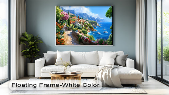 Dominant blues and greens capture the Mediterranean Pathway canvas painting, a vibrant coastal village canvas painting featuring turquoise seas and lush floral details.