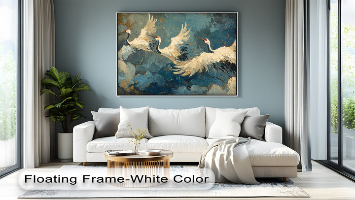Subtle light and shadow define the elegant white cranes in flight, enhancing the abstract bird figures of this striking canvas art prints.