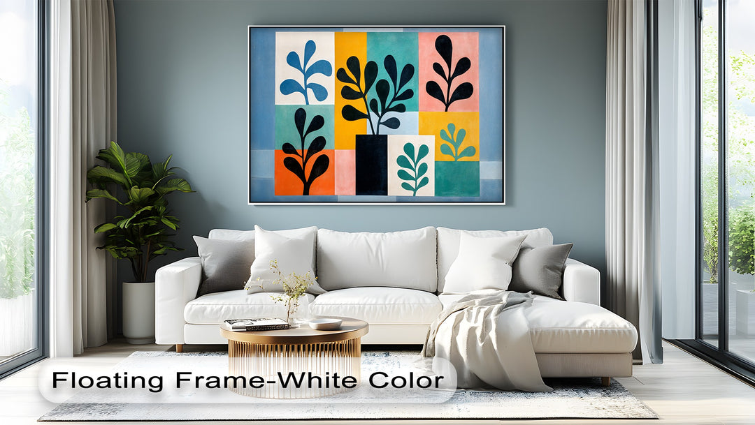 Striking color contrast enhances this mid century botanical canvas art, where vibrant geometric plant shapes pop against a muted wall.