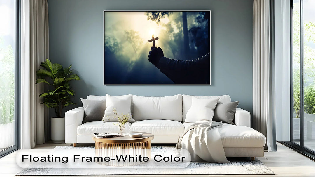 Faith in the Light – Hand Holding Cross in Sunrise Canvas Print