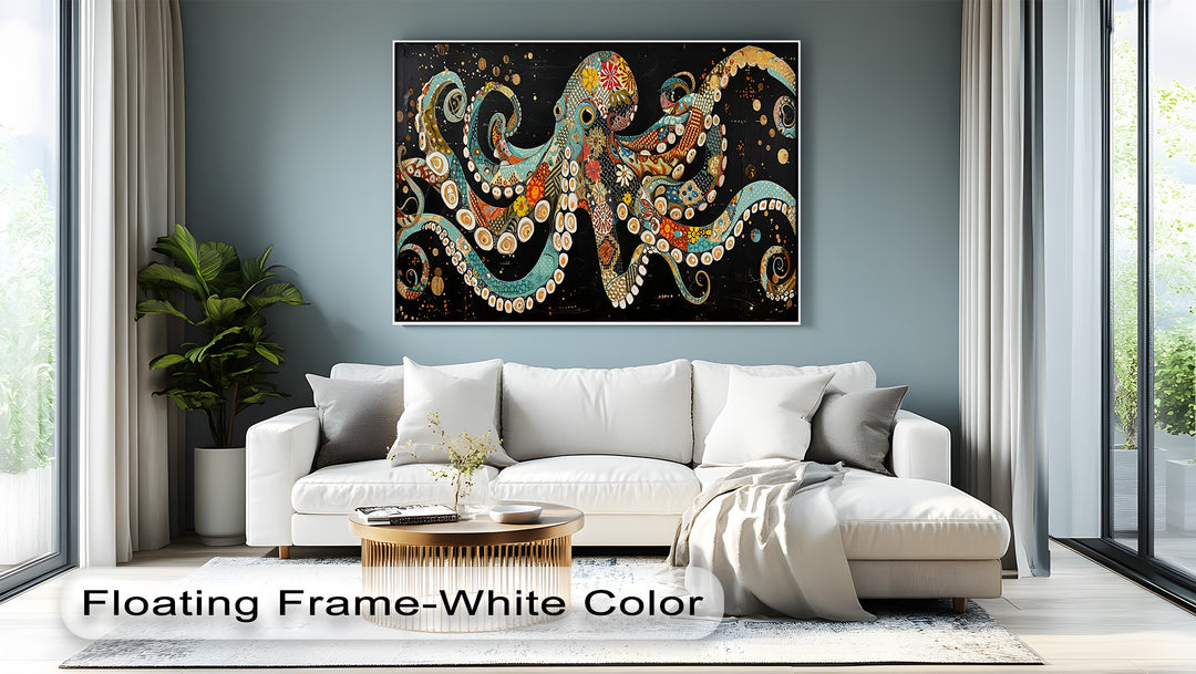 The darkest area, a profound black background, vividly features this Mosaic Octopus Canvas Print, among the best canvas prints.