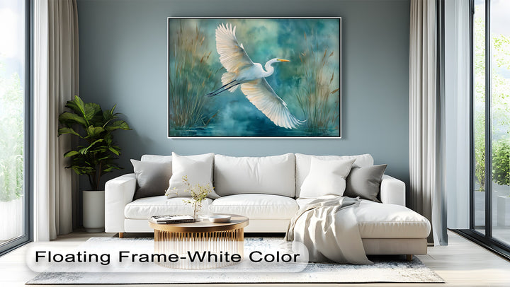 Exploring depth and layers, this elegant heron canvas painting showcases a bird taking flight amidst reeds and tranquil waters, creating a captivating canvas print.