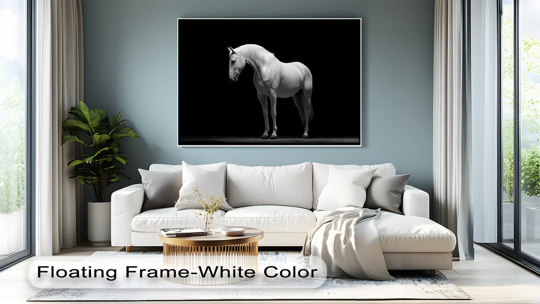 White Horse on Black Background Minimalist - Horse Canvas Print