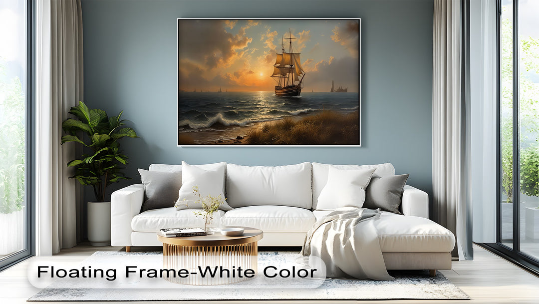 Golden Horizon Voyage – Sailing Ship at Sunset Canvas Wall Art | Large Canvas