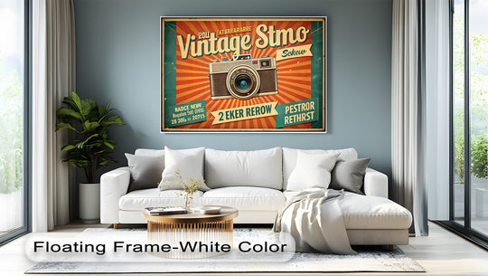 The retro camera poster style canvas art print shows an intriguing layering effect with its sunburst design and central camera image set against a contemporary living room backdrop.