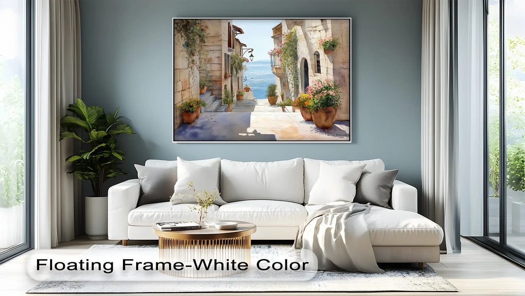 Sunlit floral passage canvas painting with serene sea backdrop

