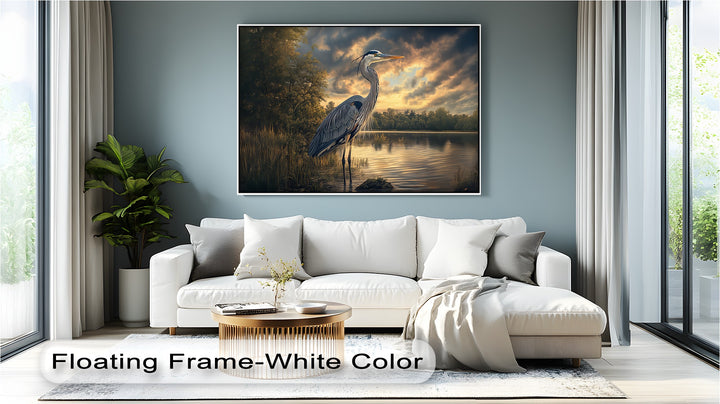 Twilight Sentinel – Heron by the Forest Lake Canvas Wall Art