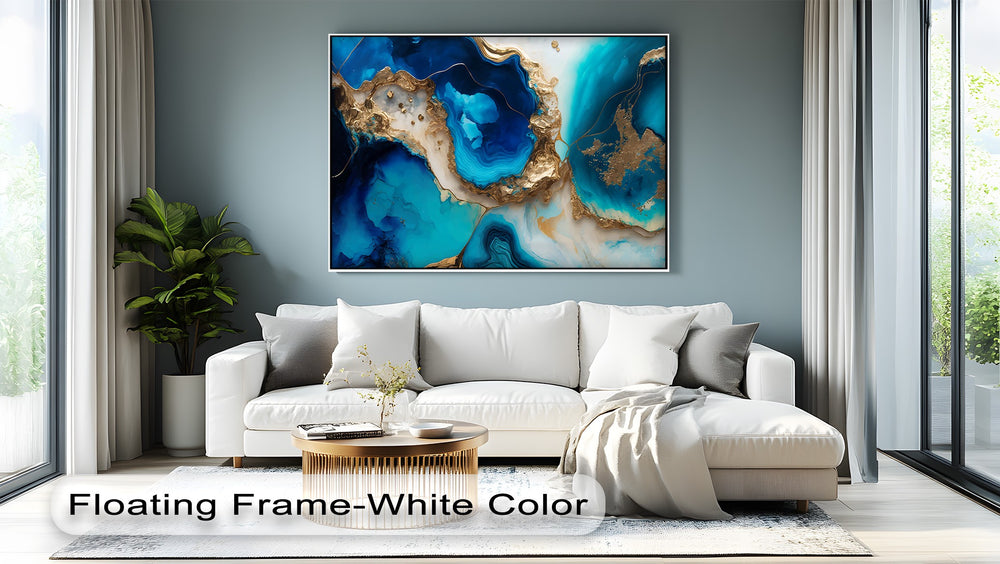 The realistic detail of this abstract blue gold agate canvas wall art captivates with its fluid turquoise and glistening gold textures.