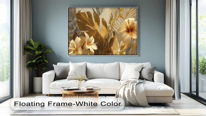 Gold accent botanical canvas art with exotic foliage and fine line details

