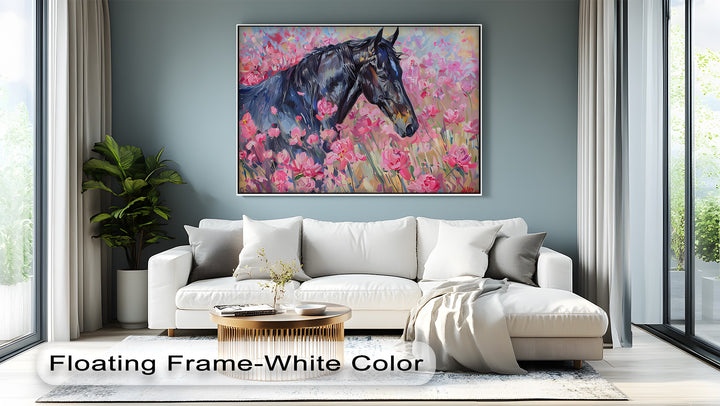 Blossom Drift – Black Horse in Pink Field Canvas Print