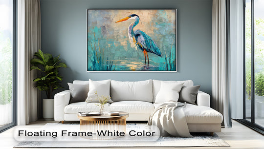 Layering effect is enhanced with the textural brushstrokes in this blue heron abstract canvas art print, giving depth to the modern wildlife bird displayed.