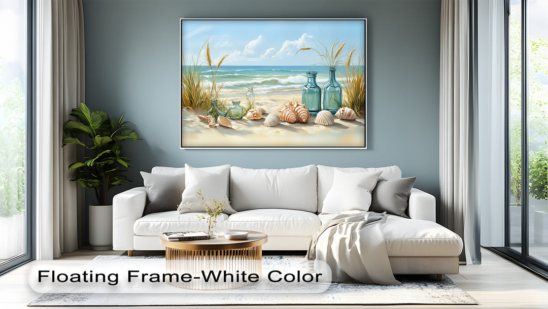Whispers of the Shore – Seashells and Glass Bottles Coastal Canvas Print