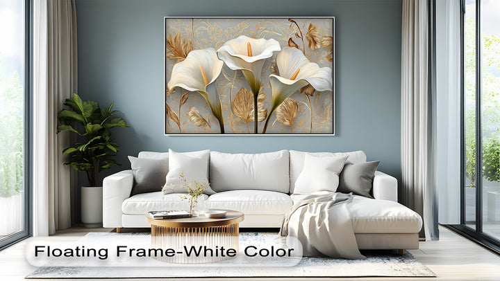 Golden Elegance – White Calla Lilies on Grey Floral Canvas Print