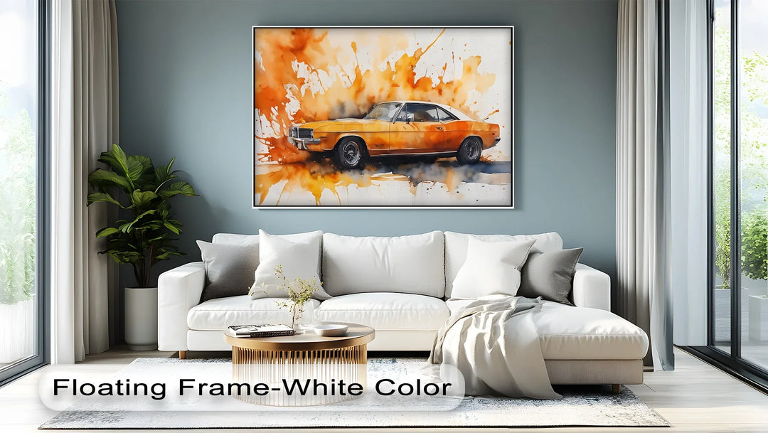Orange Muscle Car with Paint Splash- Car Canvas Print