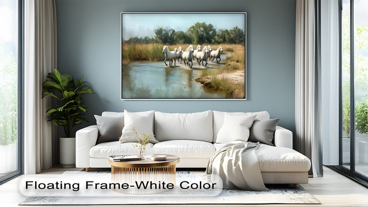 White Horses Running Through River - Horse Canvas Print
