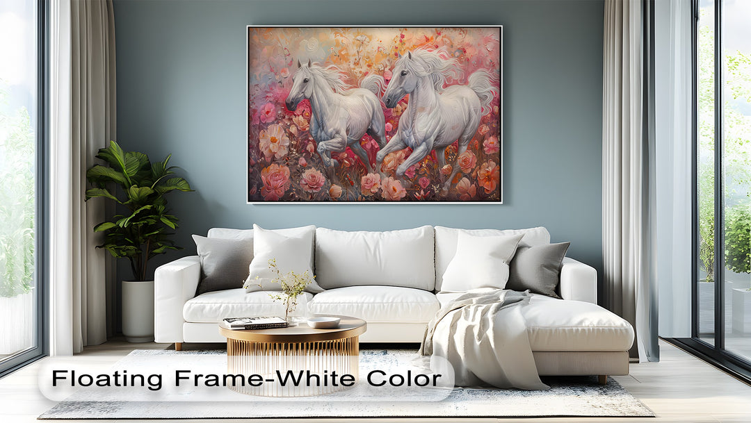 White Horses in Blooming Garden - Horse Canvas Print