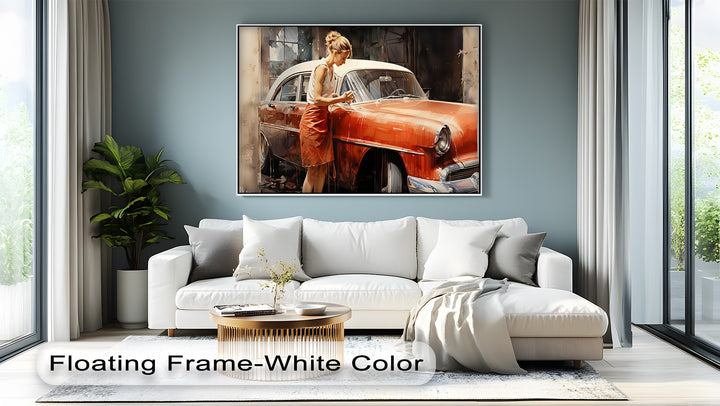 Timeless Connection – Retro Woman with Classic Car Canvas Print