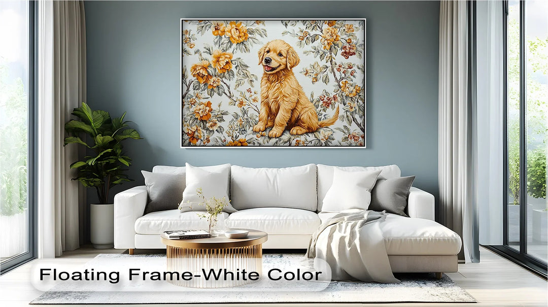 Smiling Golden Retriever Puppy with Vintage Floral Backdrop - Canvas Print - MyPhotoStation