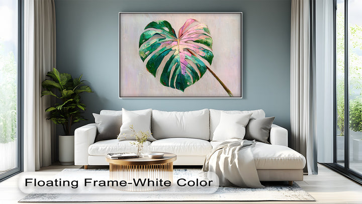 Focusing on the darkest area of the pink monstera leaf canvas print, this premium canvas decor highlights the modern tropical botanical wall art's textured brushstrokes.