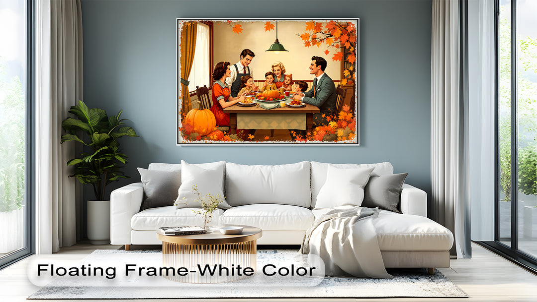 Autumn Gathering – Retro Thanksgiving Dinner Canvas Wall Art | Large Canvas