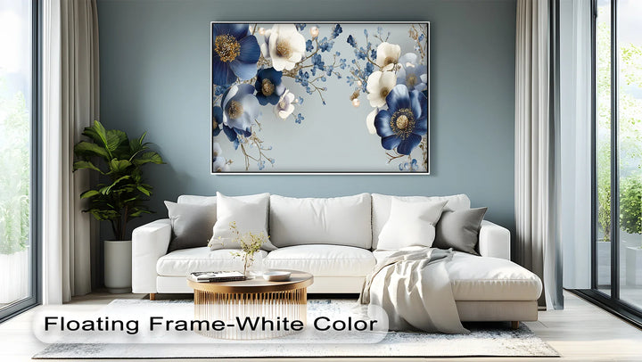 Blue and Ivory Elegance – Floral Fantasy with Pearls Canvas Print - MyPhotoStation