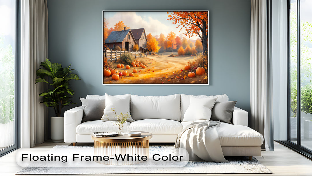 Golden Harvest Barn – Farmhouse Pumpkin Canvas Wall Art | Framed Art