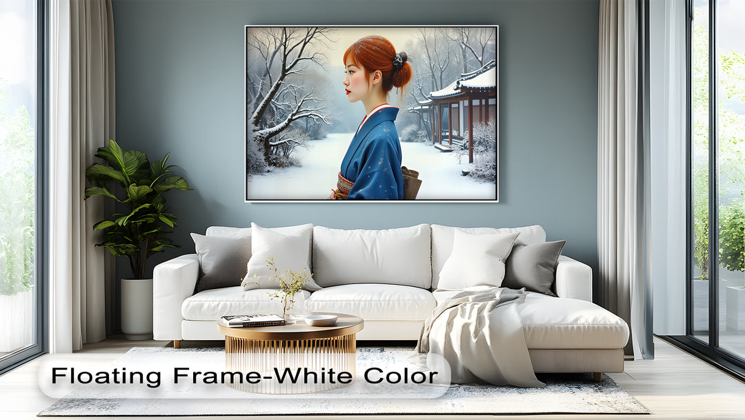 Geisha in Snow Garden – Japanese Kimono Canvas Wall Art | Framed Art