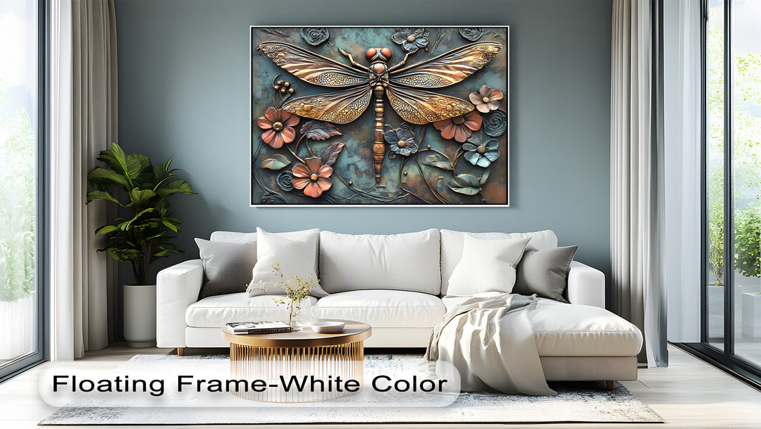 The realistic detail of this 3D-style dragonfly floral canvas art highlights shimmering golden wings, sculptural flowers, and rich teal textures.