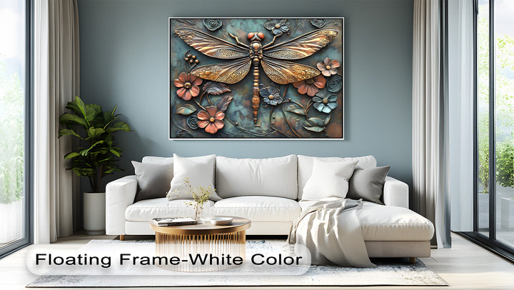 The realistic detail of this 3D-style dragonfly floral canvas art highlights shimmering golden wings, sculptural flowers, and rich teal textures.