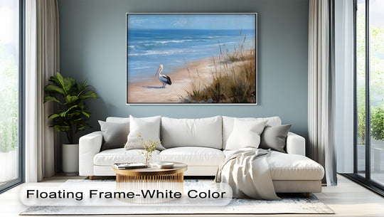 Evoking a sense of movement, this coastal pelican beach canvas pictures showcase the gentle waves and windblown grasses in a serene ocean wildlife scene.