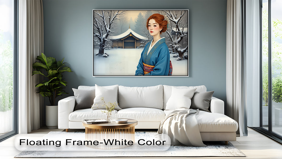 Geisha in Winter Serenity – Japanese Kimono Canvas Wall Art | Framed Canvas