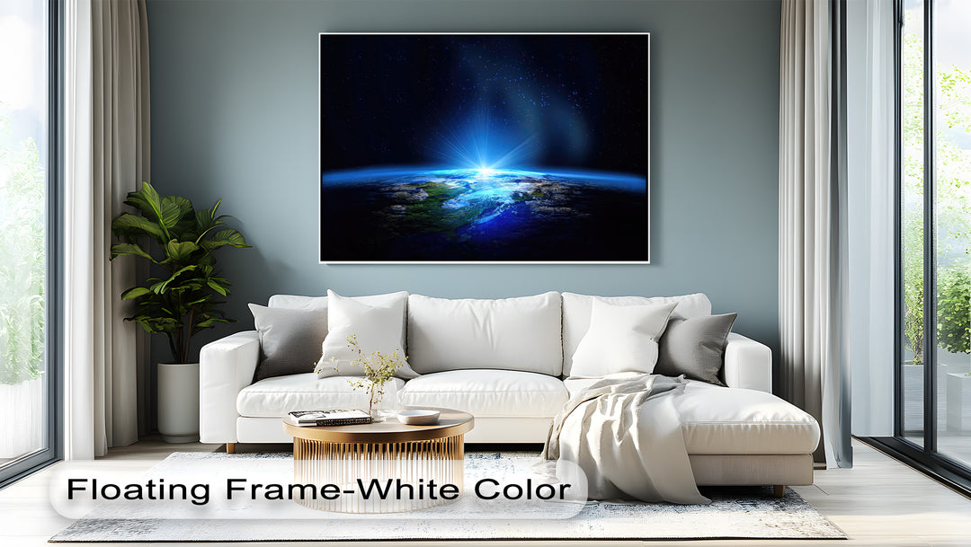 The rectangular canvas painting presents the spherical Earth from space with a radiant, triangular light burst and celestial points in cosmic blue.