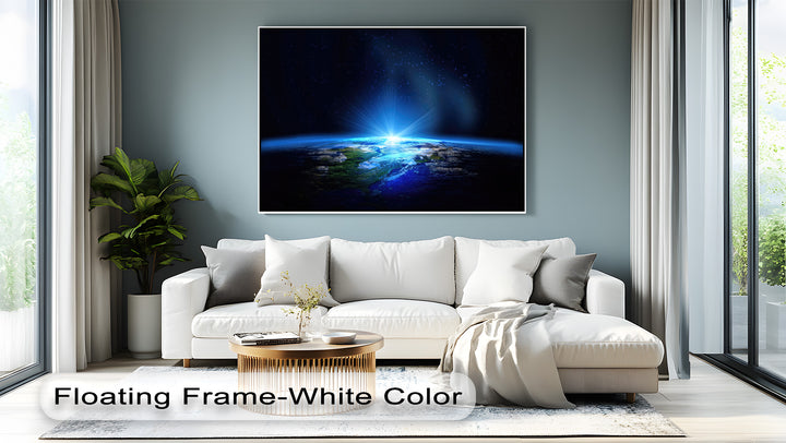 The rectangular canvas painting presents the spherical Earth from space with a radiant, triangular light burst and celestial points in cosmic blue.
