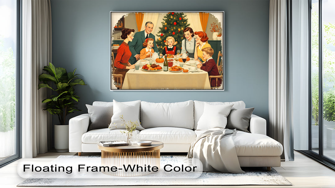 Retro Family Christmas Dinner Canvas Wall Art | Large Canvas