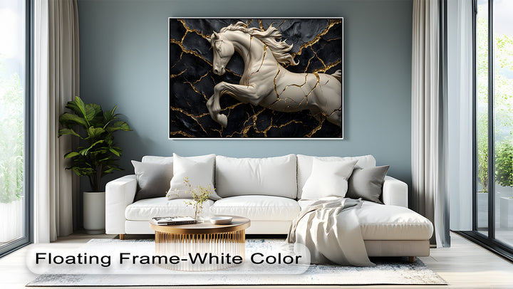 Predominantly white, this dramatic canvas pictures shows a sculptural horse against a dark black and gold backdrop, set on a serene blue wall.