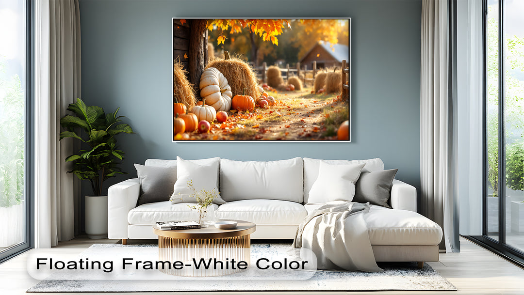Autumn Harvest – Pumpkin and Haystack Canvas Wall Art | Framed Art