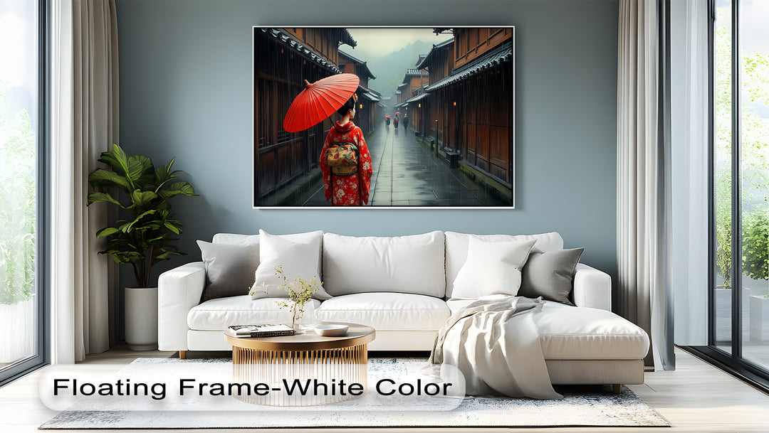 Geisha in the Rain – Japanese Street Scene Canvas Wall Art | Large Canvas