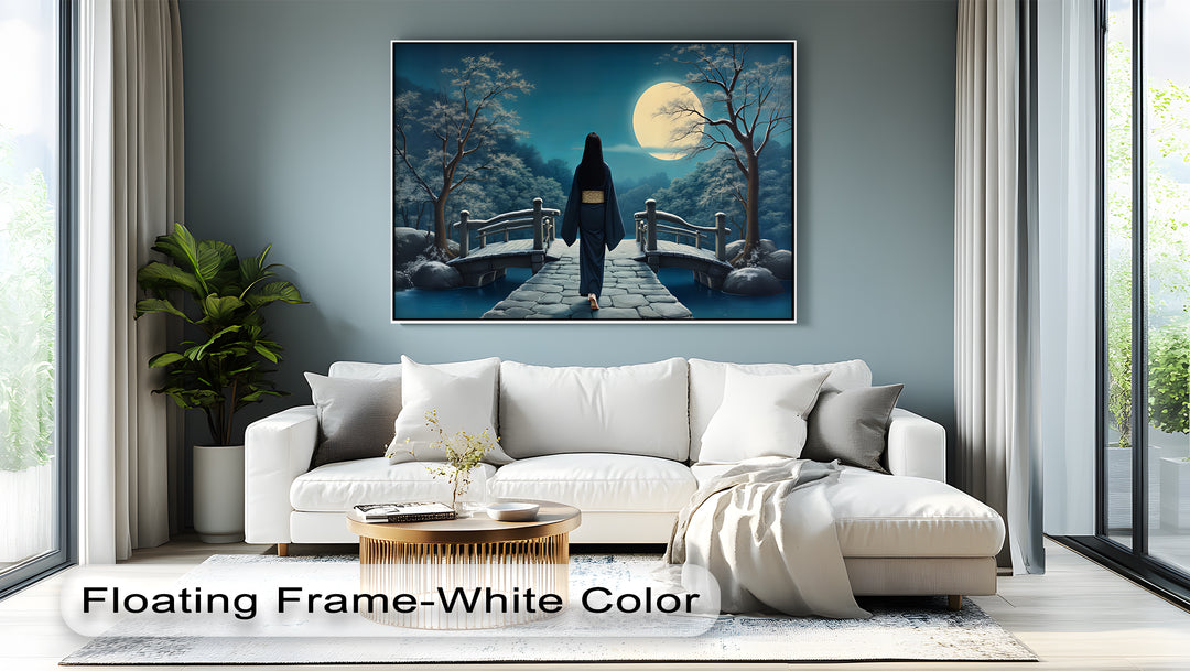 Moonlit Elegance – Japanese Geisha on Bridge Canvas Wall Art | Canvas Art