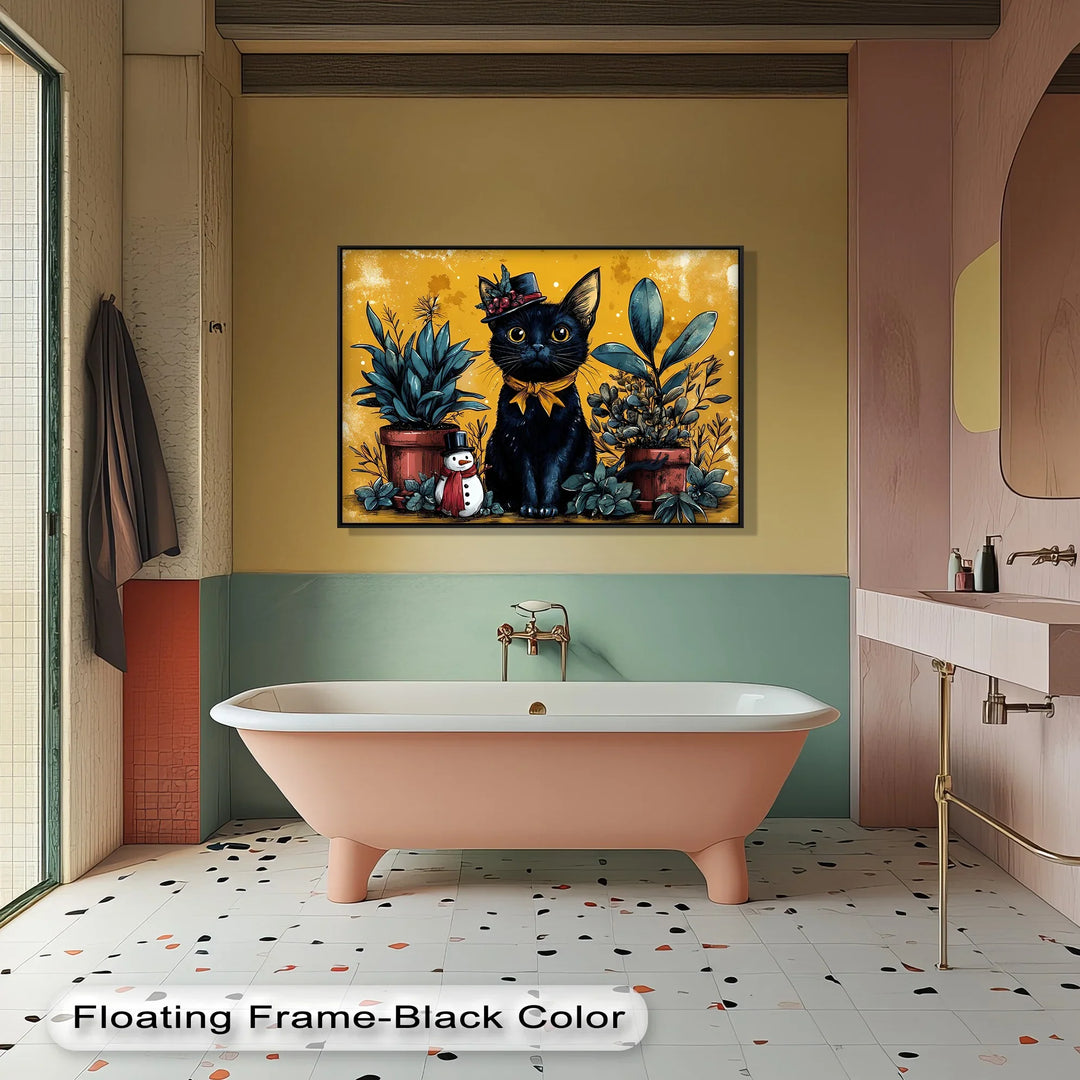 Black Cat with Holiday Hat and Yellow Ribbon - Cat Canvas Print - MyPhotoStation