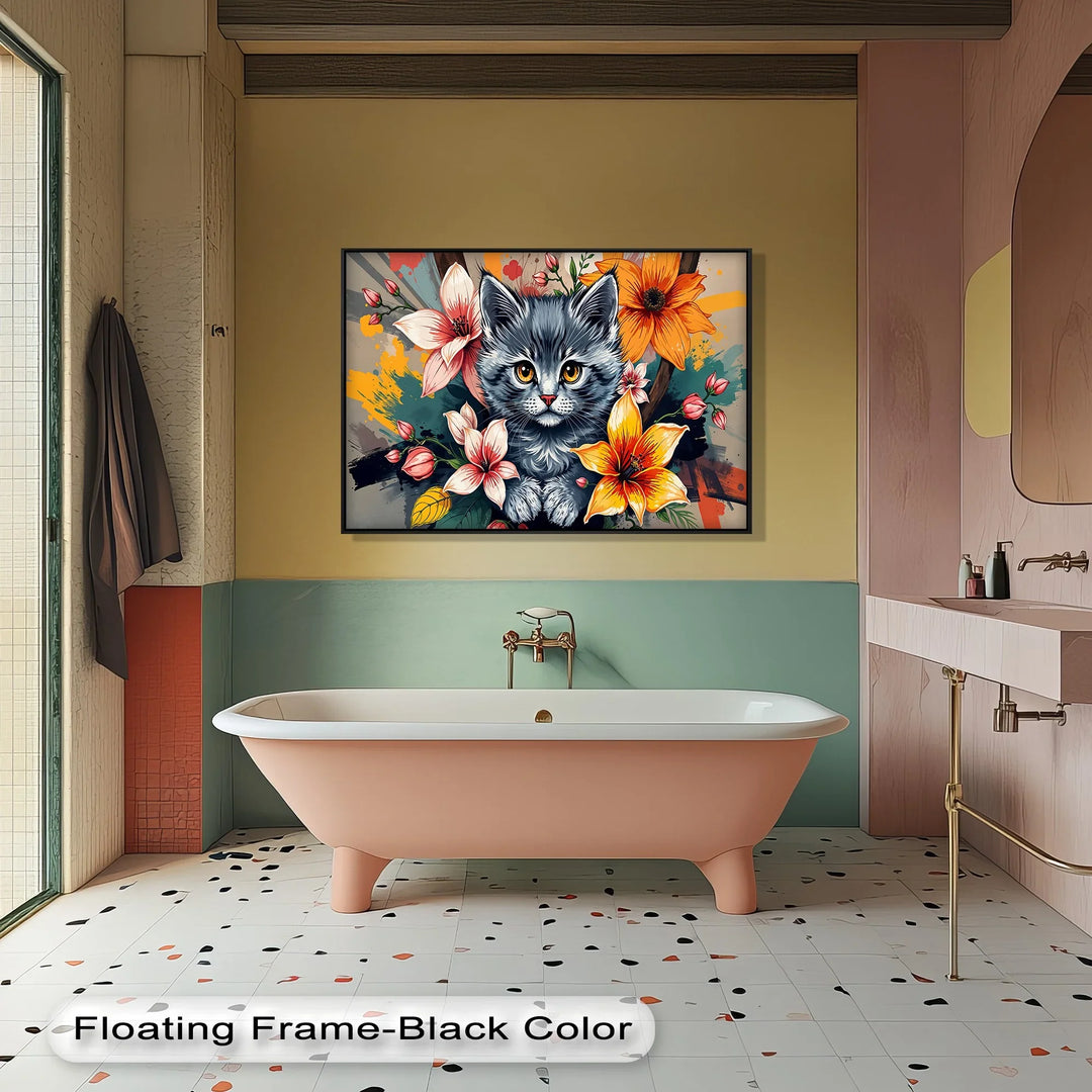 Bloom Burst – Gray Kitten with Vibrant Florals Cat Canvas Print - MyPhotoStation