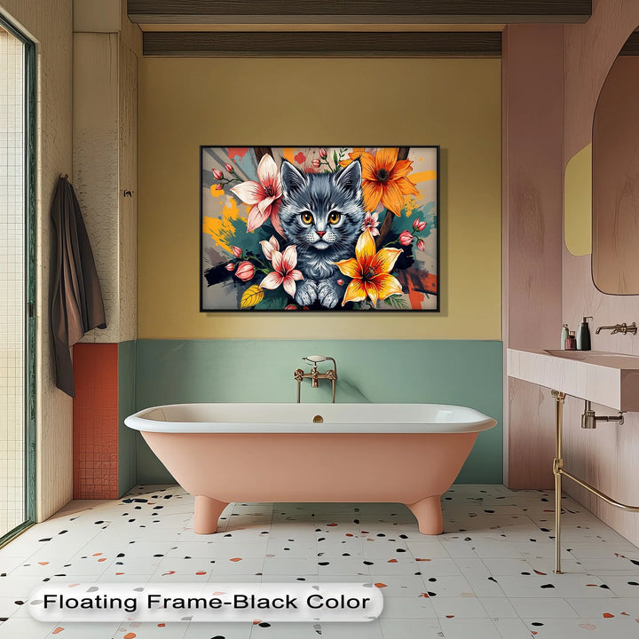 Bloom Burst – Gray Kitten with Vibrant Florals Cat Canvas Print - MyPhotoStation